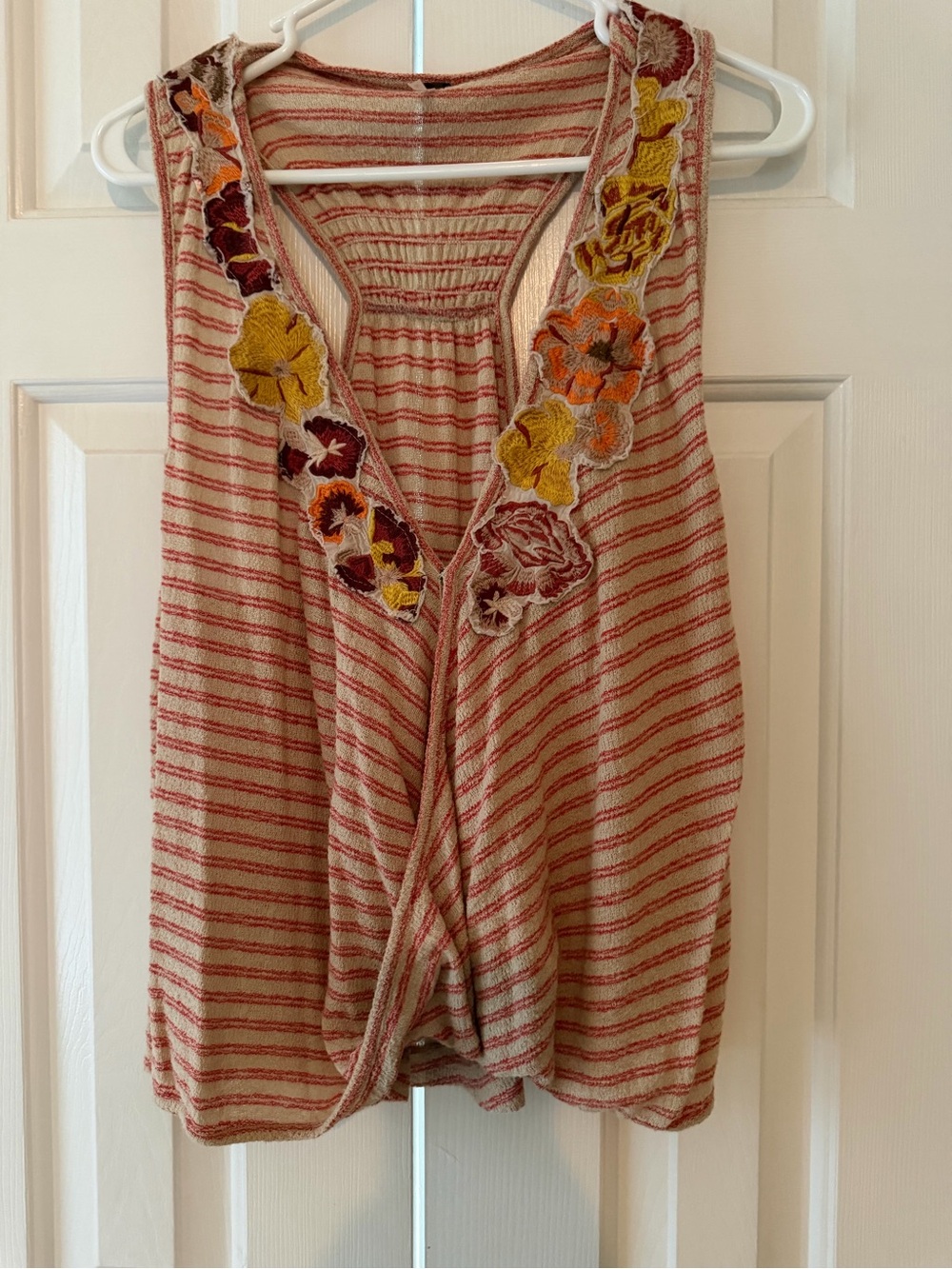 Free People Pink Striped Embroidered V-Neck Tank